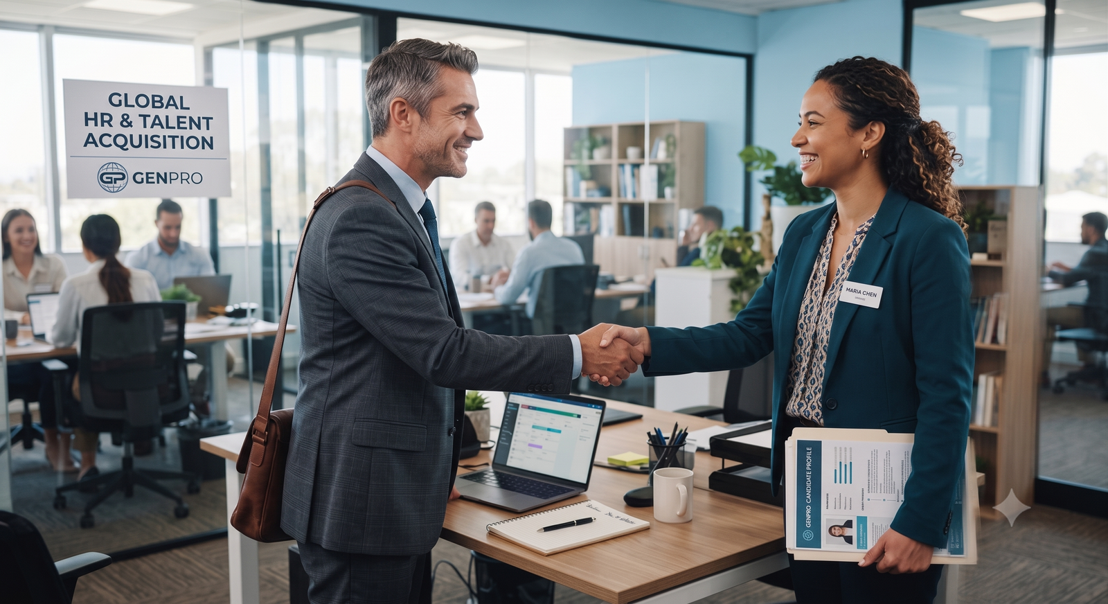 Professional handshake in an office setting representing sourcing and screening candidates.