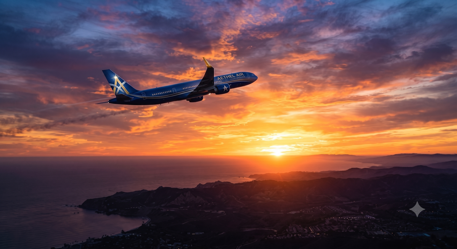 Airplane flying into sunset